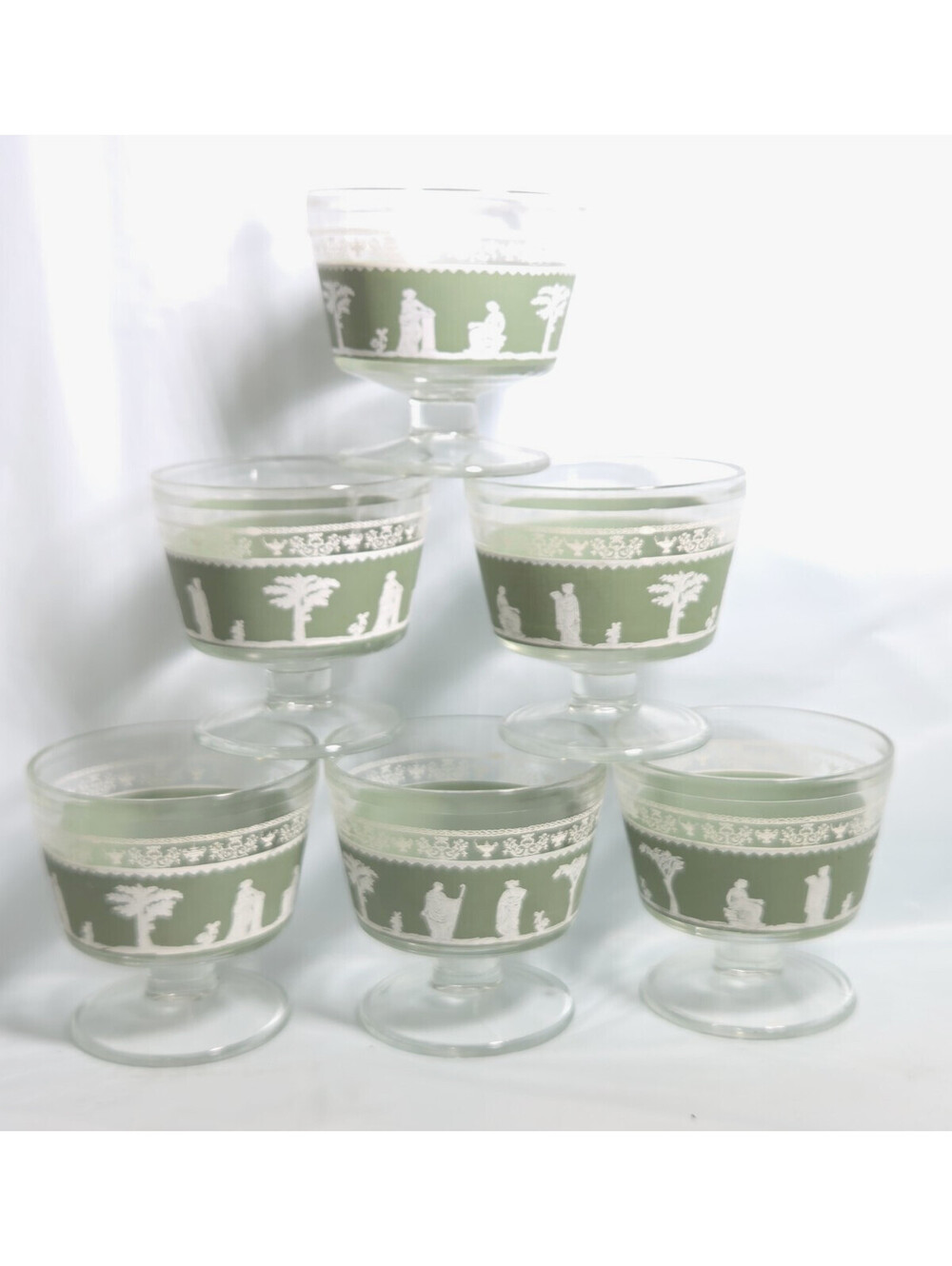 Jeannette Glass Grecian Wedgwood Green Hellenic Sherbet/Custard Glasses Set of 6